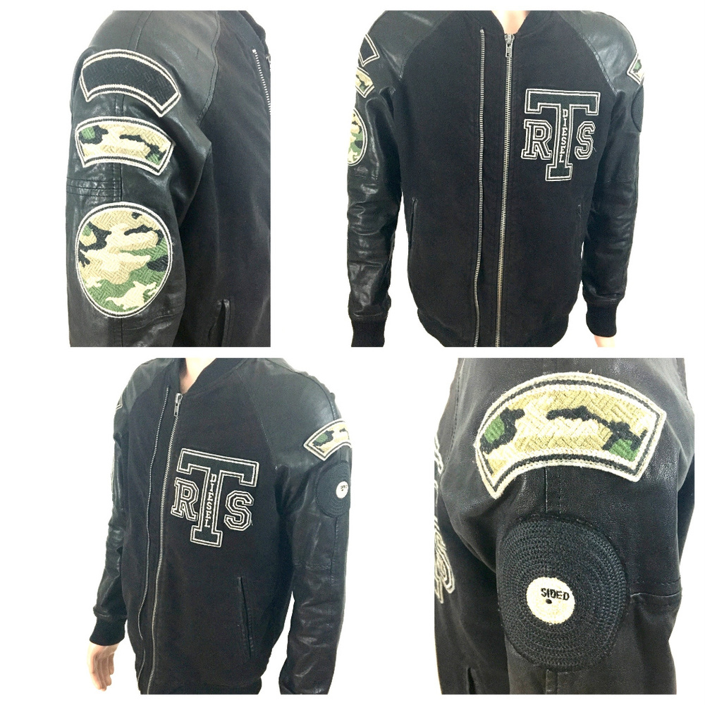Diesel Black Leather Cotton Bommer Jacket Camo Pat